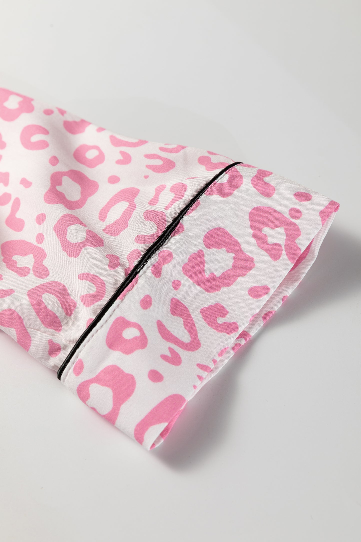 Pink Leopard Satin Pajama Set Long Sleeve Button Down Sleepwear