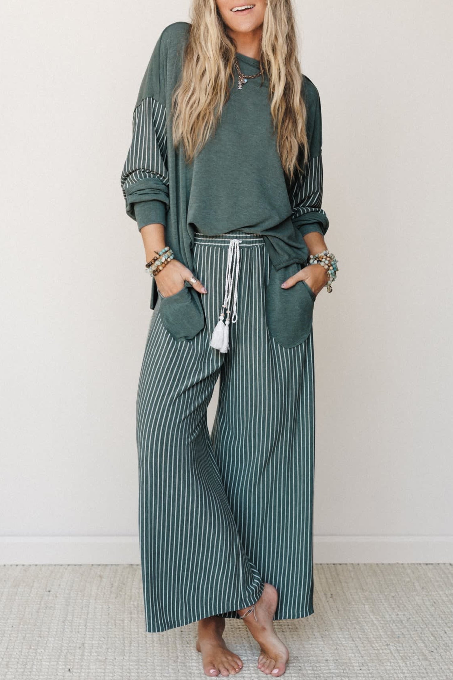 Women’s Stripe 2 Piece Lounge Set Long Sleeve Top Wide Leg Pants