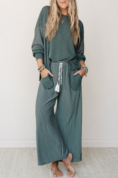 Women’s Stripe 2 Piece Lounge Set Long Sleeve Top Wide Leg Pants