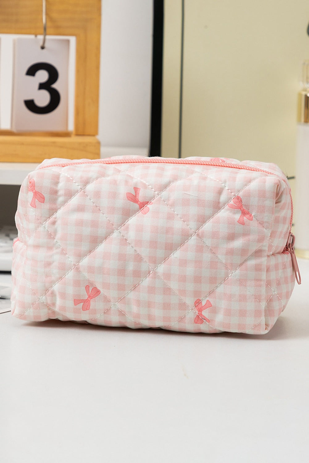 Pink Sweet Bow Knot Print Quilted Zipper Cosmetic Bagx