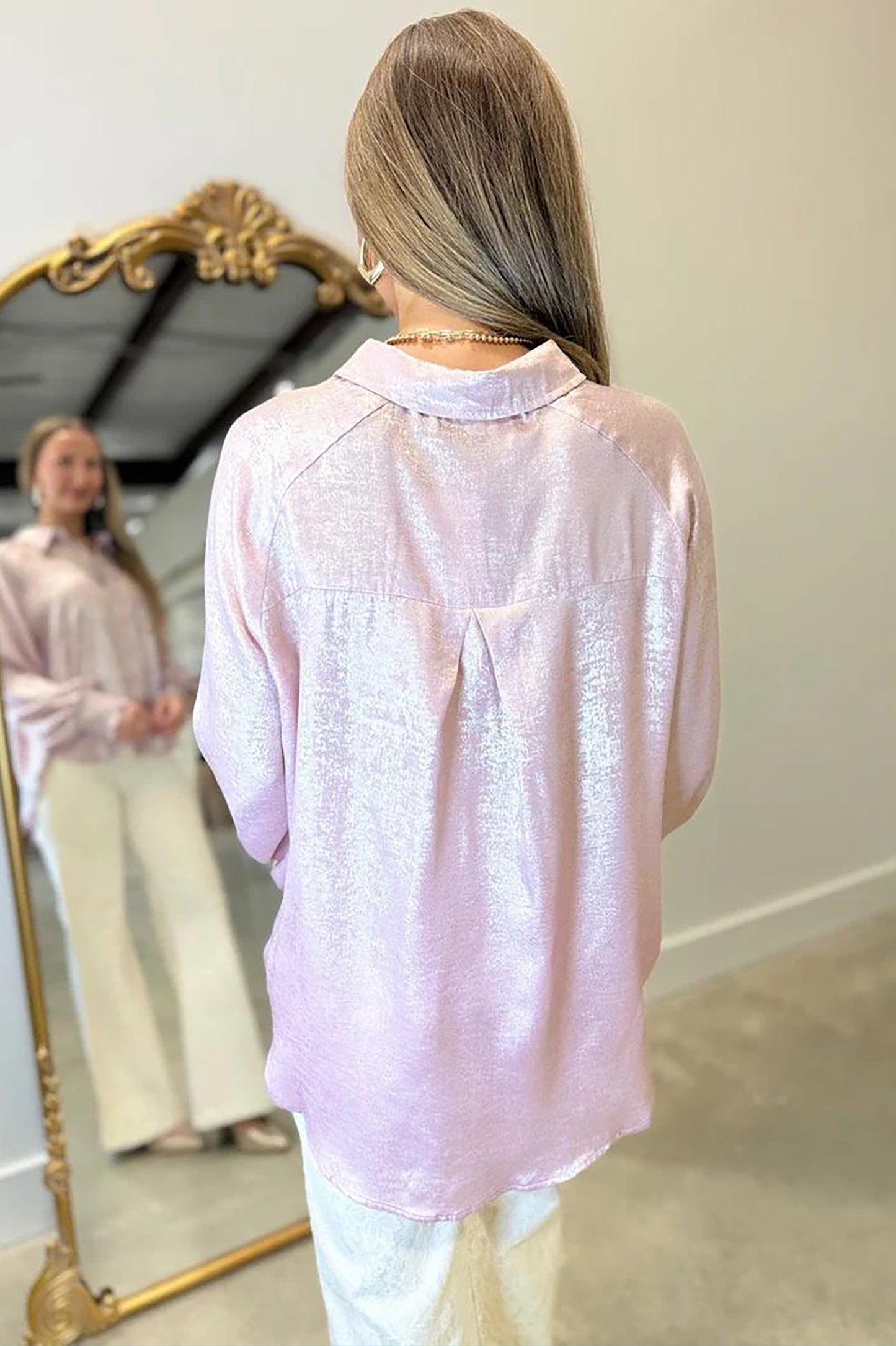 Delicacy Metallic Button Down Satin Blouse with Smocked Cuffs