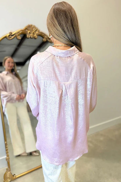 Delicacy Metallic Button Down Satin Blouse with Smocked Cuffs