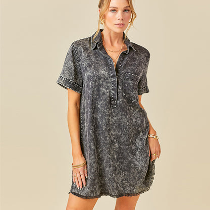 Washed Denim Shirt Dress Short Sleeve Casual Mini Dress