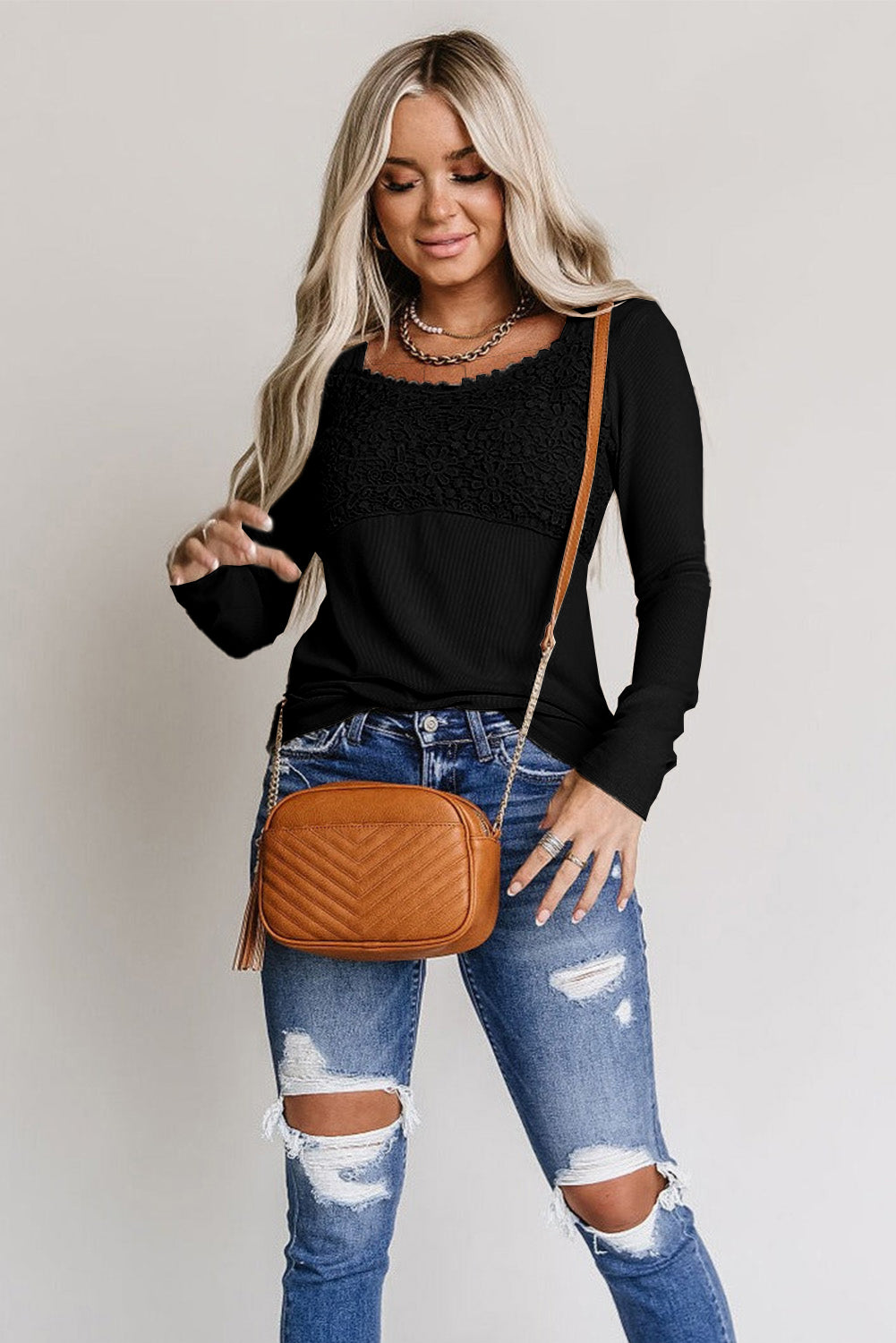 Black Lace Crochet V Neck Long Sleeve Top