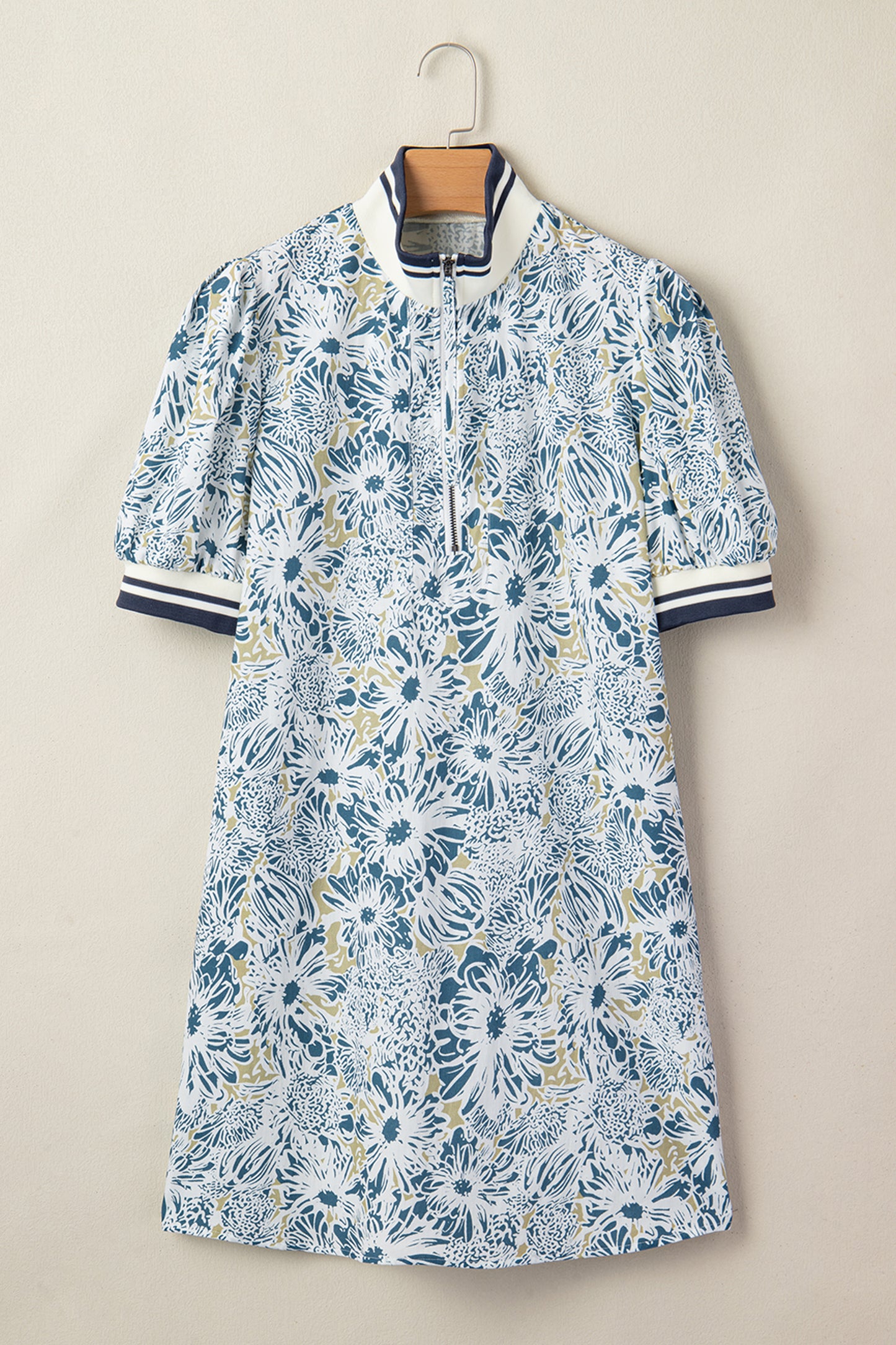 Blue Floral Zip Up Collared Mini Dress
