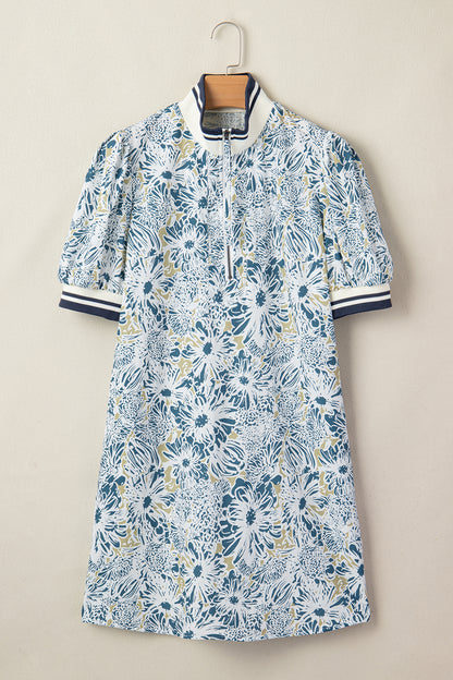 Blue Floral Zip Up Collared Mini Dress