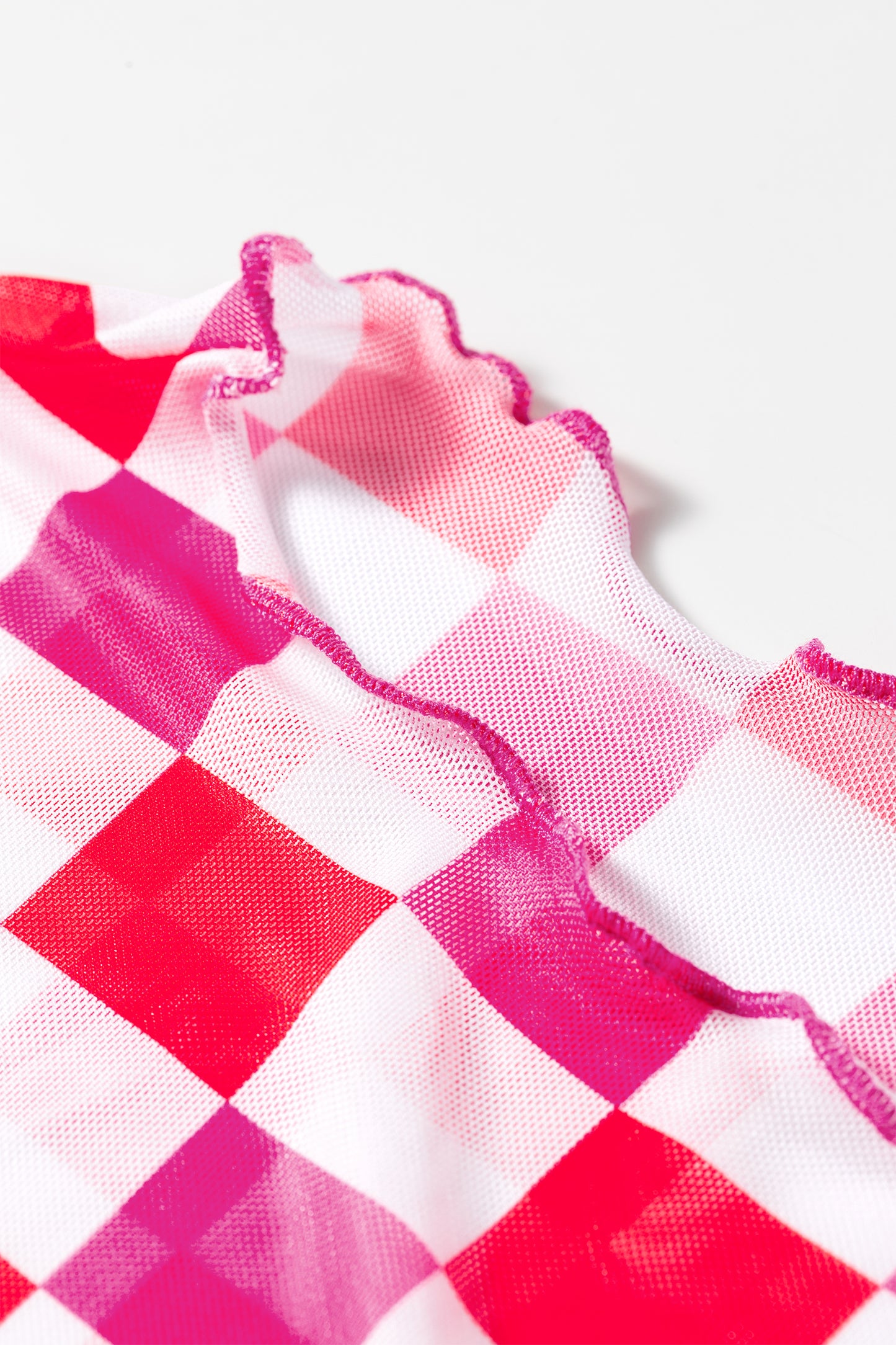 Rose Checkerboard Mesh Long Sleeve Fitted Top
