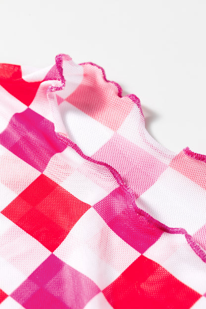 Rose Checkerboard Mesh Long Sleeve Fitted Top