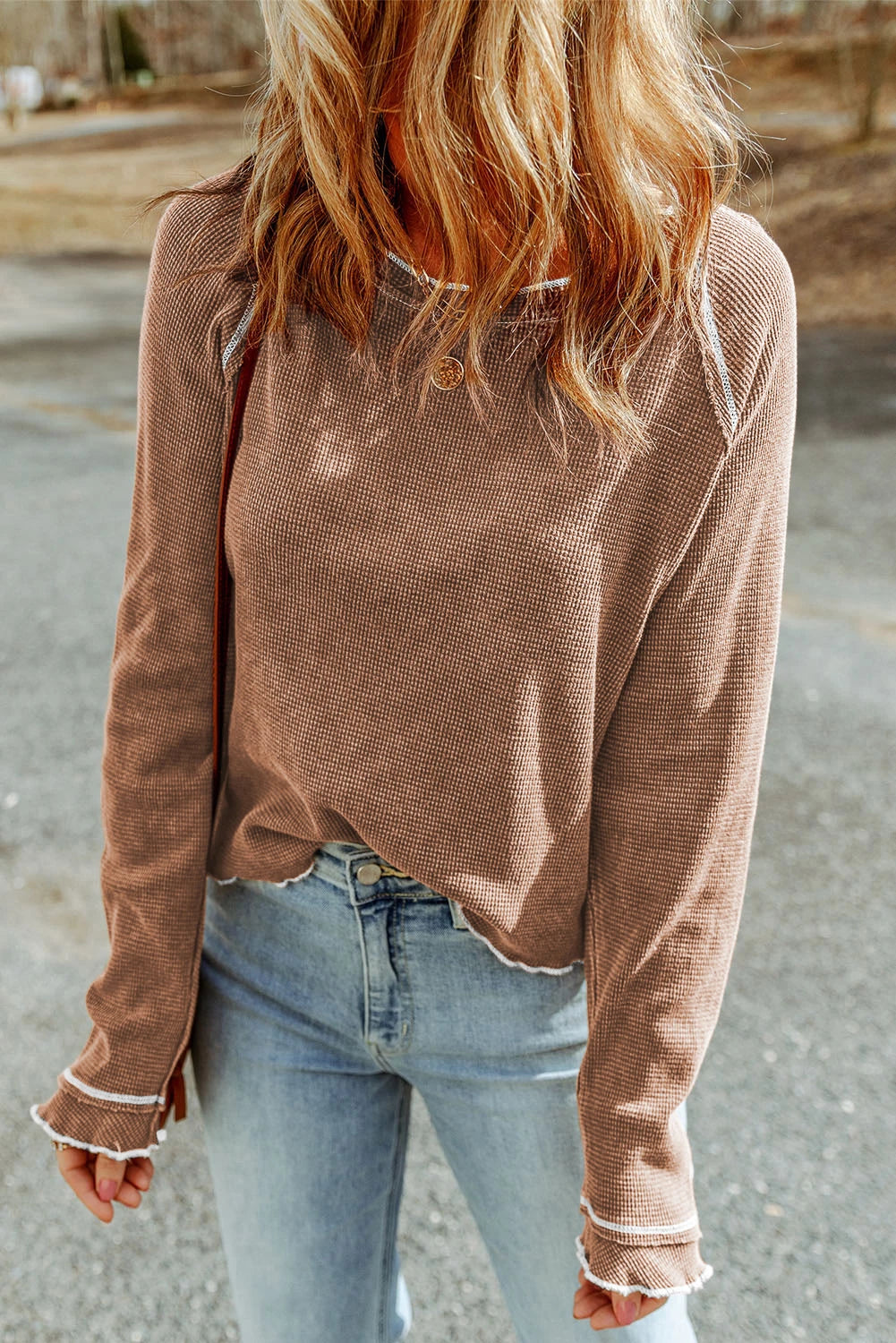 Womens Waffle Knit Long Sleeve Top Casual Crew Neck Tee