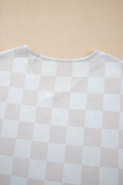 Beige Checkered Lounge Set V Neck Tee Shorts