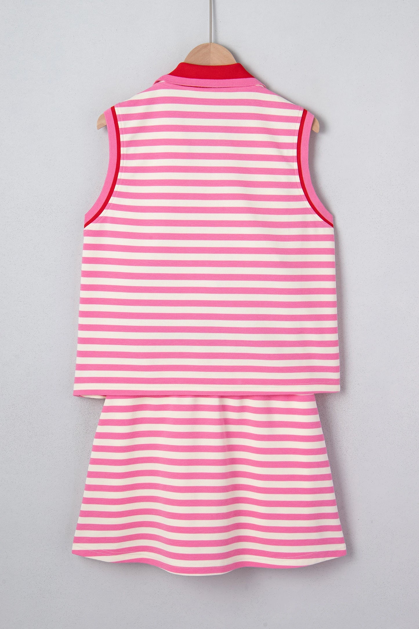 Striped Zip Collar Sleeveless Skort Set Casual Outfit