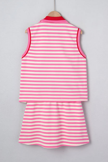 Striped Zip Collar Sleeveless Skort Set Casual Outfit