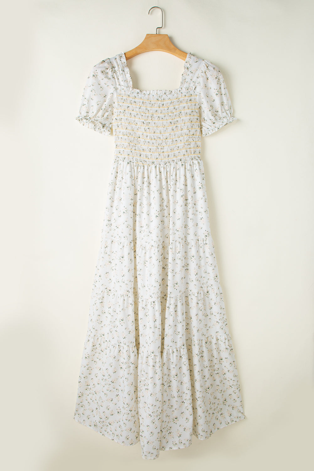 White Floral Shirred Smocked Tiered Maxi Dress