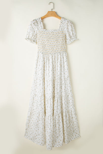 White Floral Shirred Smocked Tiered Maxi Dress