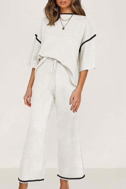 Women’s Knit Lounge Set Contrast Trim Top and Pants