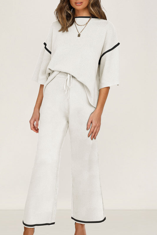 Women’s Knit Lounge Set Contrast Trim Top and Pants