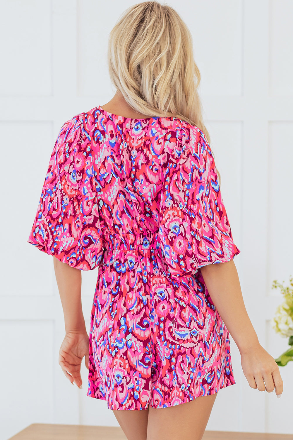 Green Abstract Print V Neck Puff Sleeve Smocked Romper