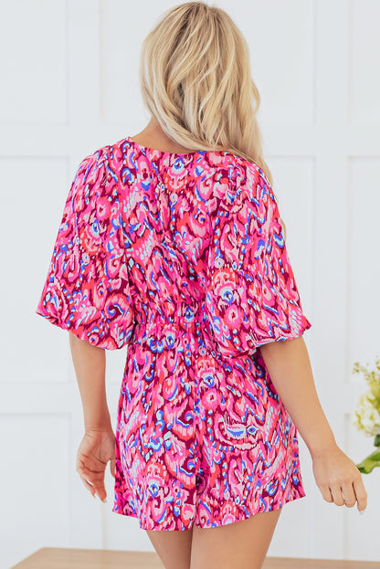 Green Abstract Print V Neck Puff Sleeve Smocked Romper