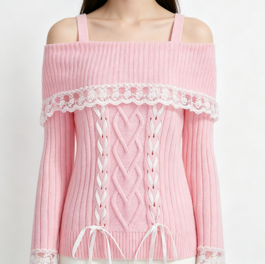 Women's Off Shoulder Lace Up Corset Knit Sweater