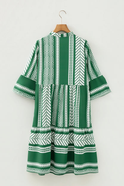 Boho Ethnic Print Mini Dress Women 3 4 Sleeve Button
