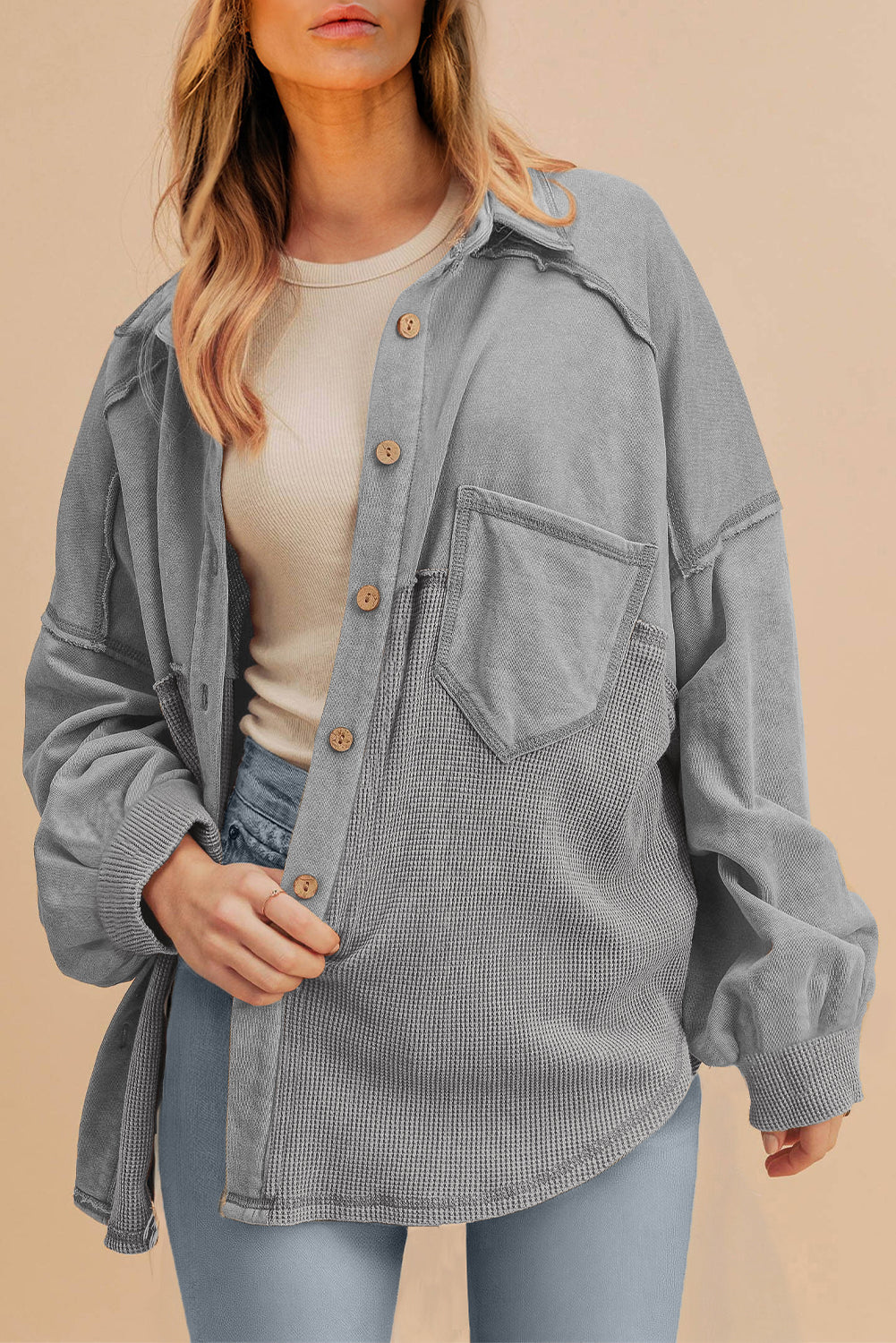 Black Waffle Knit Button Down Shacket Oversized Long Sleeve Top