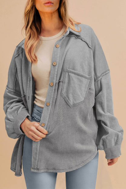 Black Waffle Knit Button Down Shacket Oversized Long Sleeve Top