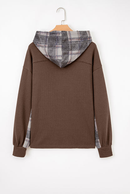 Brown Plaid Patchwork Button Down Drawstring Hooded Shacket