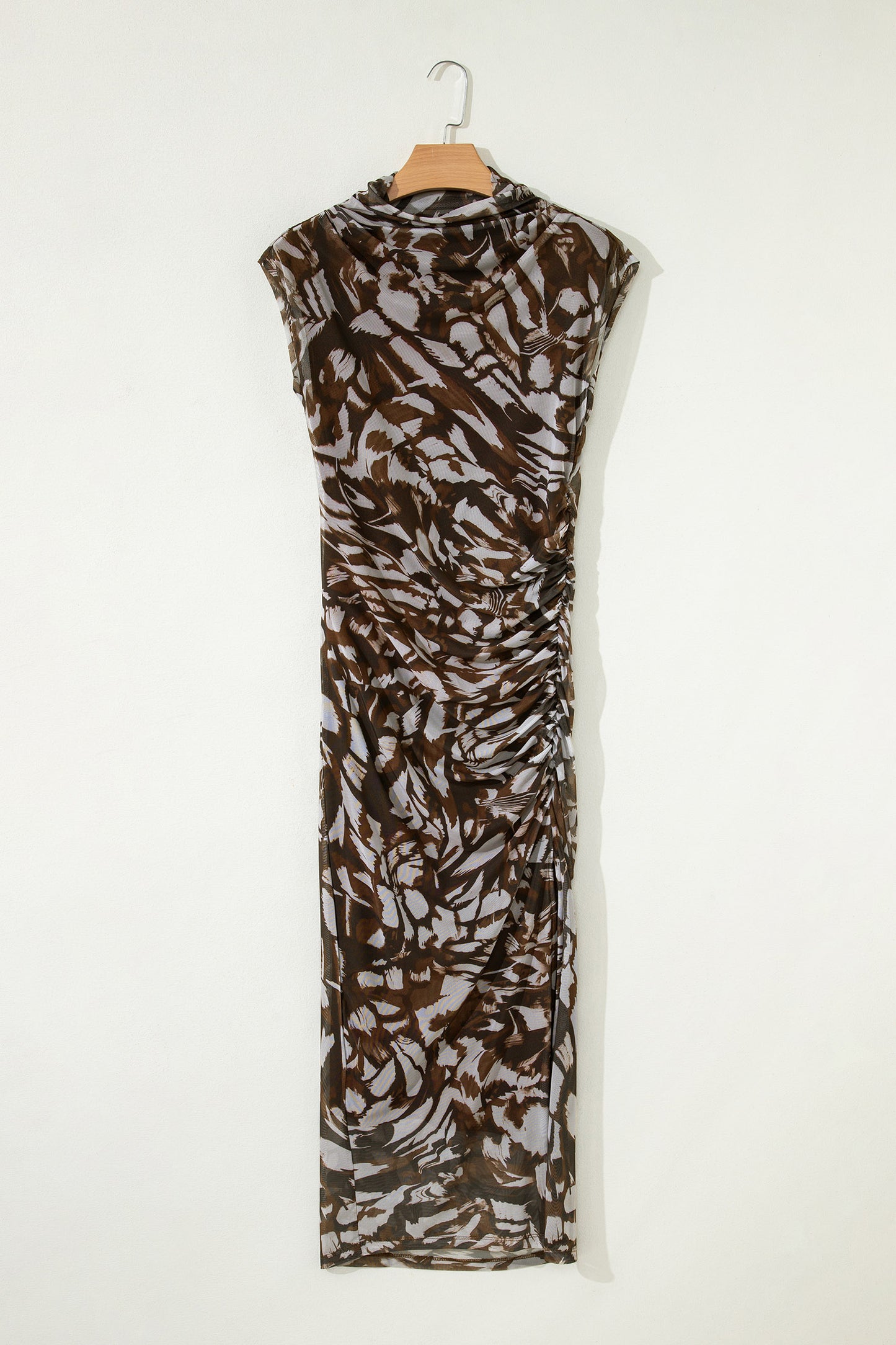 Brown Abstract Mesh Cowl Neck Ruched Midi Dress