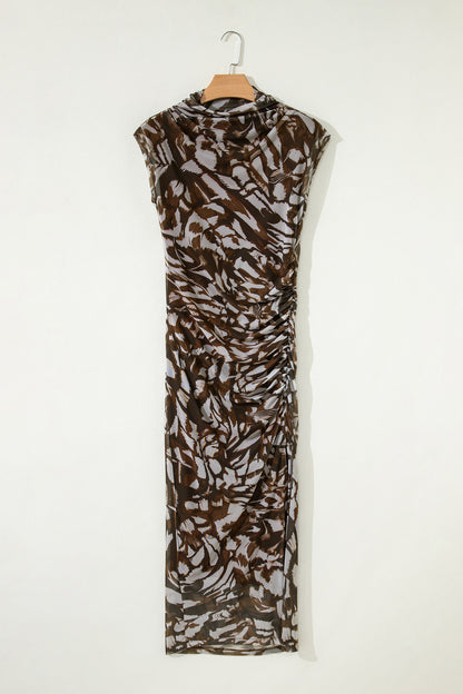 Brown Abstract Mesh Cowl Neck Ruched Midi Dress