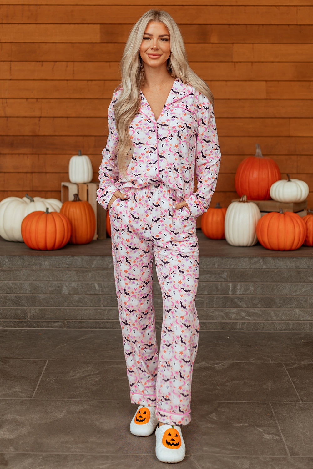Pink Halloween Ghost Bat Print Pajama Set for Women