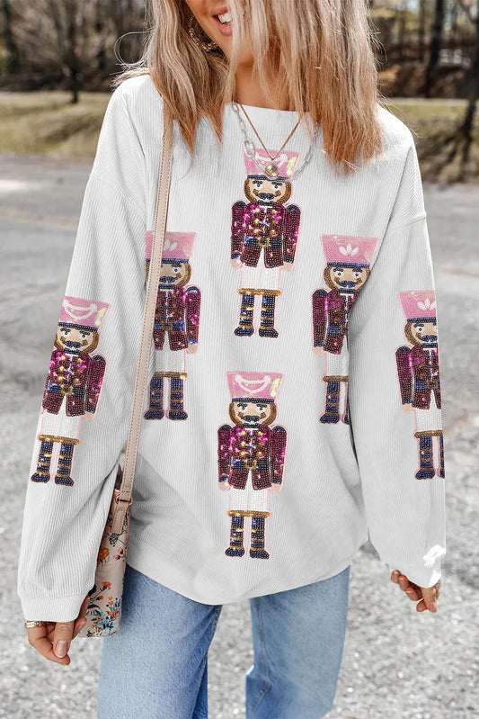White Sequin Graphic Christmas Fashion Corded Sweatshirt