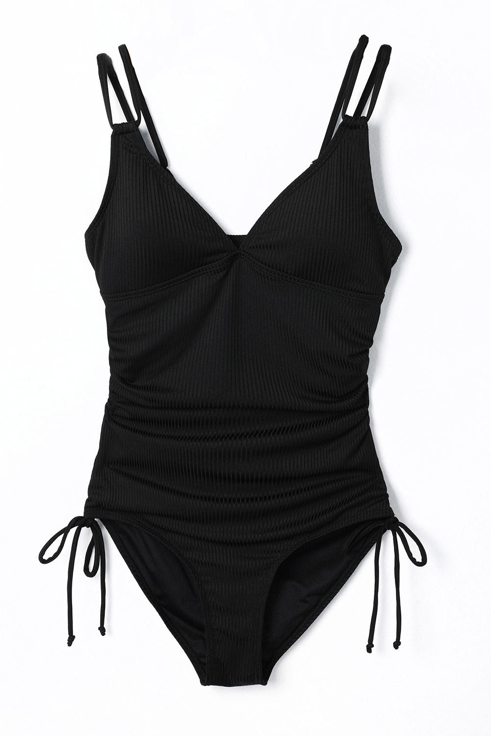 Ribbed V Neck One Piece Swimsuit Adjustable Straps