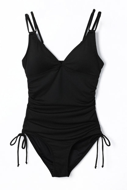 Ribbed V Neck One Piece Swimsuit Adjustable Straps