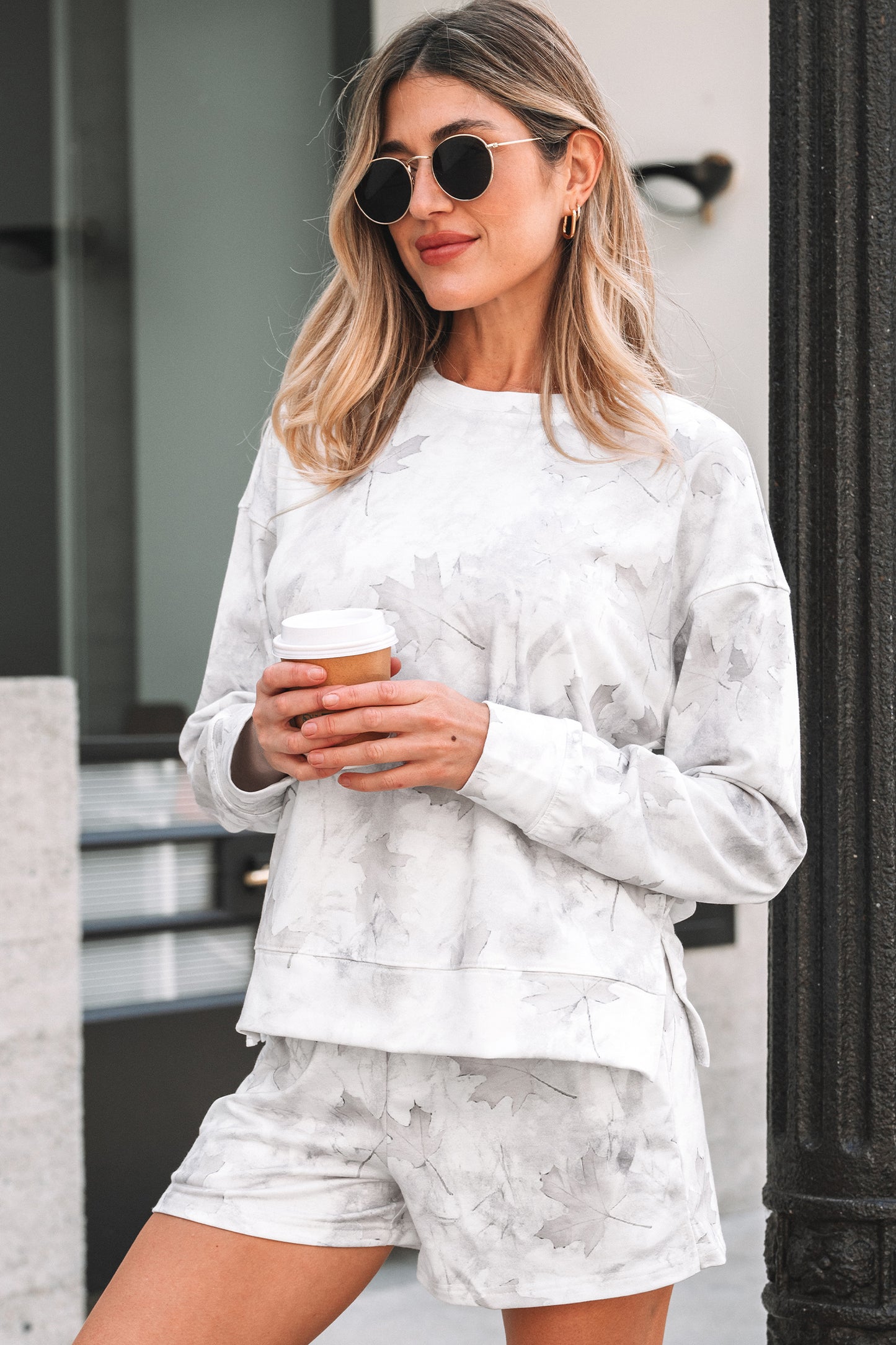 Beige Camo Print Lounge Pullover and Elastic Waist Short Set