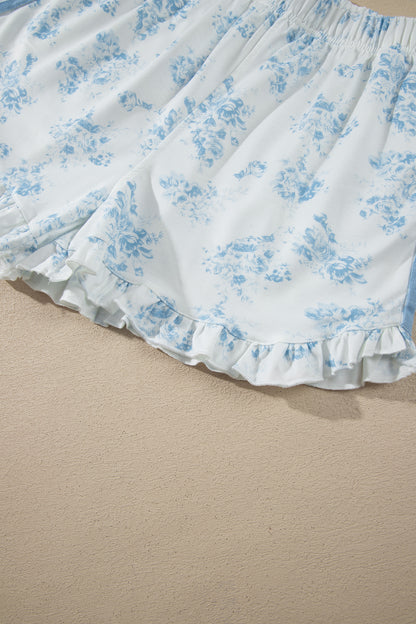 Blue Floral Lounge Set Long Sleeve Top Ruffle Shorts