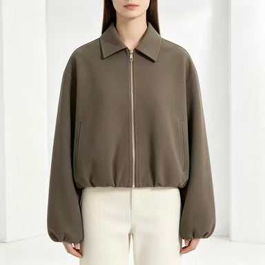 Women's Cropped Zip Polo Collar Jacket Balloon Sleeve