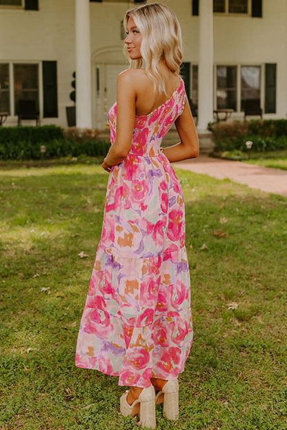 Pink Floral One Shoulder Smocked Tiered Maxi Dress