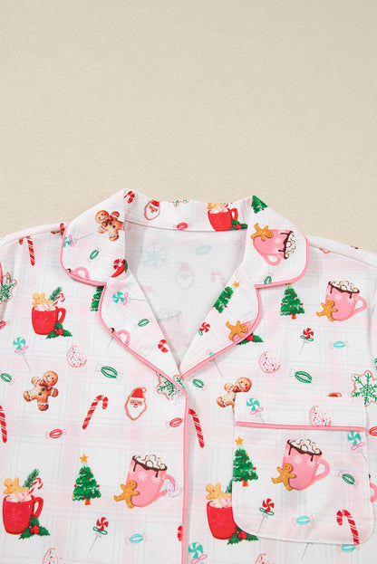 Pink Christmas Spirit Cute Holiday Print Short Sleeve Shirt and Pants 2pcs Pajama Set