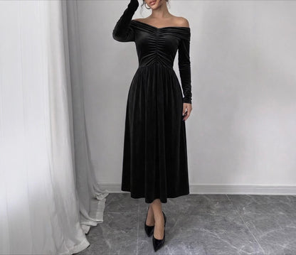 Women's Velvet Off Shoulder Ruched Long Sleeve Maxi Dress