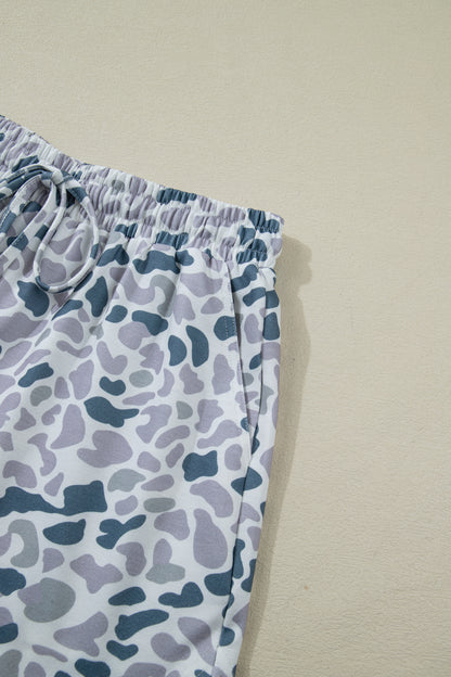 Abstract Print Zip Polo Top and Drawstring Shorts Set