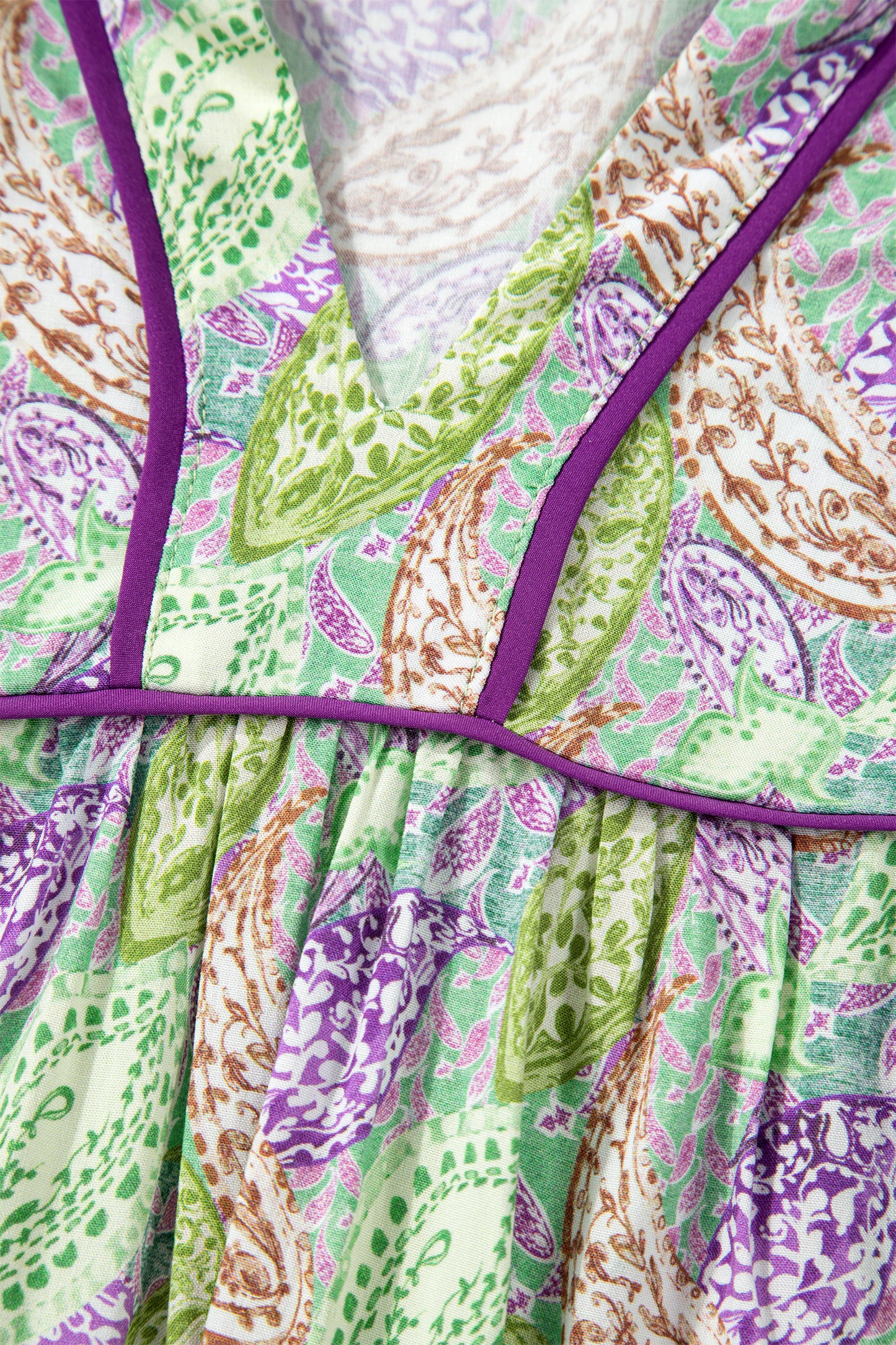 Green Boho Paisley Split Neck Puff Sleeve Blouse