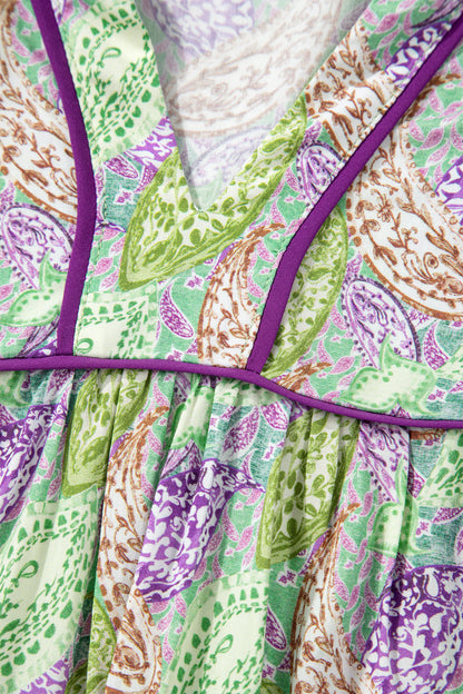 Green Boho Paisley Split Neck Puff Sleeve Blouse