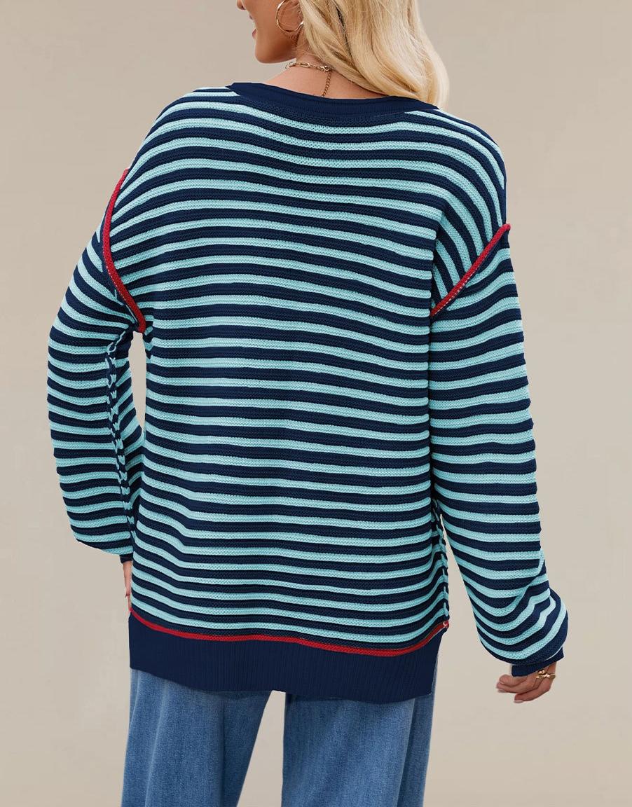 Striped Crewneck Knit Sweater - Loose Fit Pullover Top