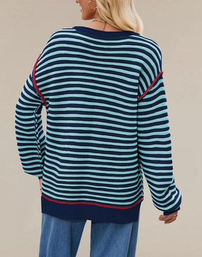 Striped Crewneck Knit Sweater - Loose Fit Pullover Top