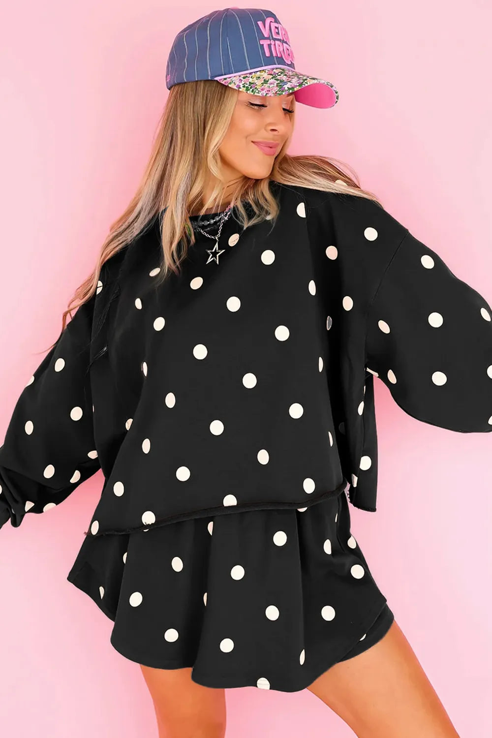Brown Polka Dot Sweatshirt Skort Two Piece Set