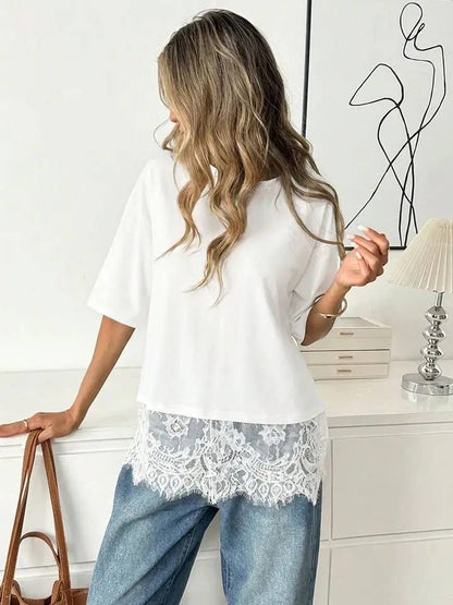 Women's Lace Hem Patchwork Short Sleeve Tee