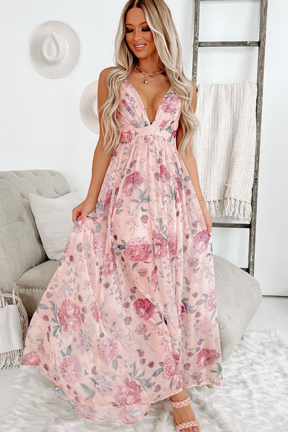 Floral V Neck Maxi Dress Backless Boho Vacation Dress