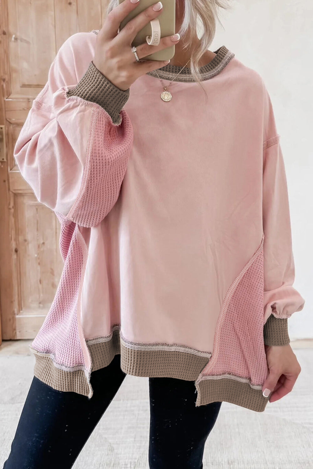 Color Block Patchwork Waffle Knit Oversized Sweatshirt
