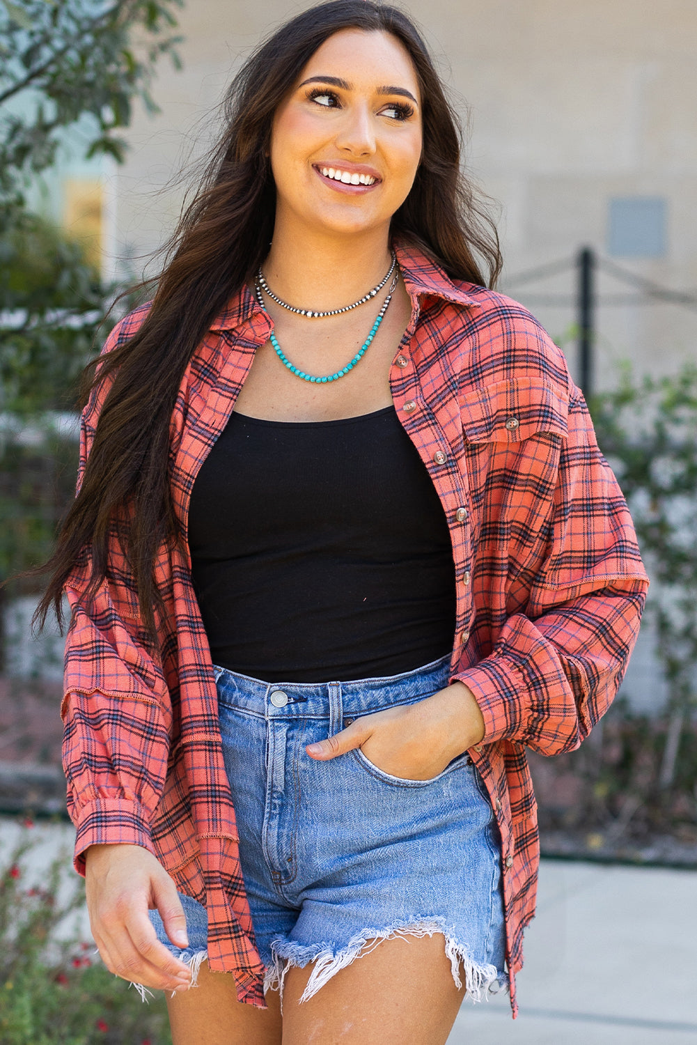 Plaid Long Sleeeve Side Split Distressed Hem Shirt