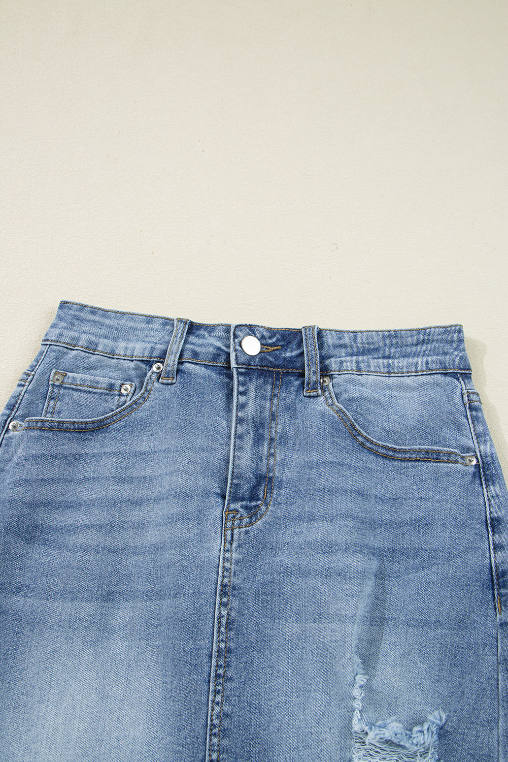 Distressed High Waist Asymmetrical Denim Midi Skirt